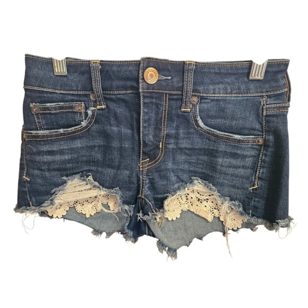 American Eagle Denim Shorts Women's Distressed Frayed Hem‎ Lace Inset